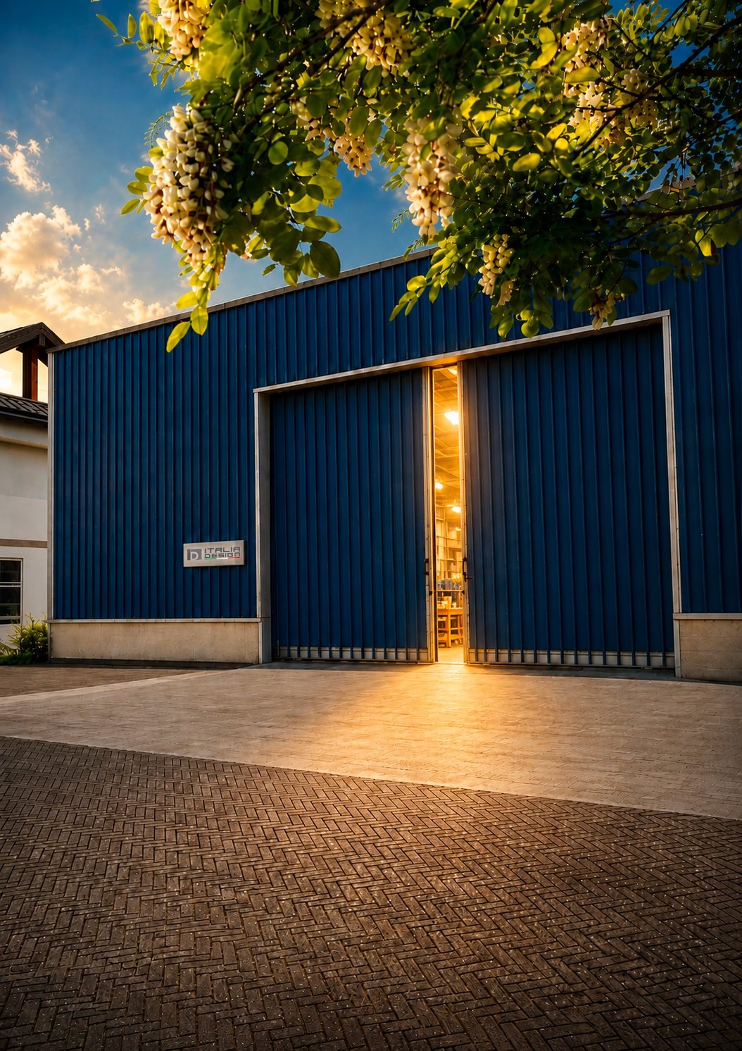Sede di Italia Design: il capannone blu al tramonto
