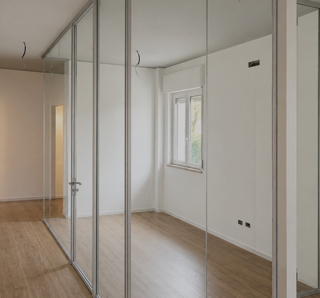 Parete vetrata con porta in vetro e stanza bianca