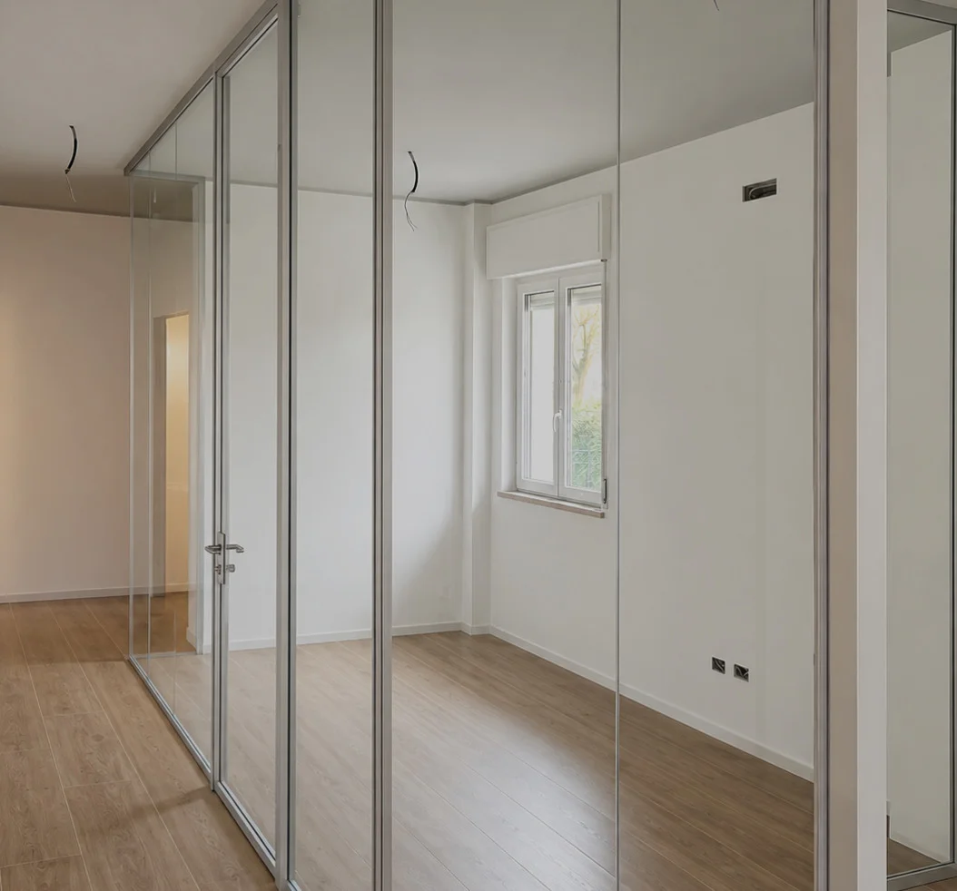 Parete vetrata con porta in vetro e stanza bianca