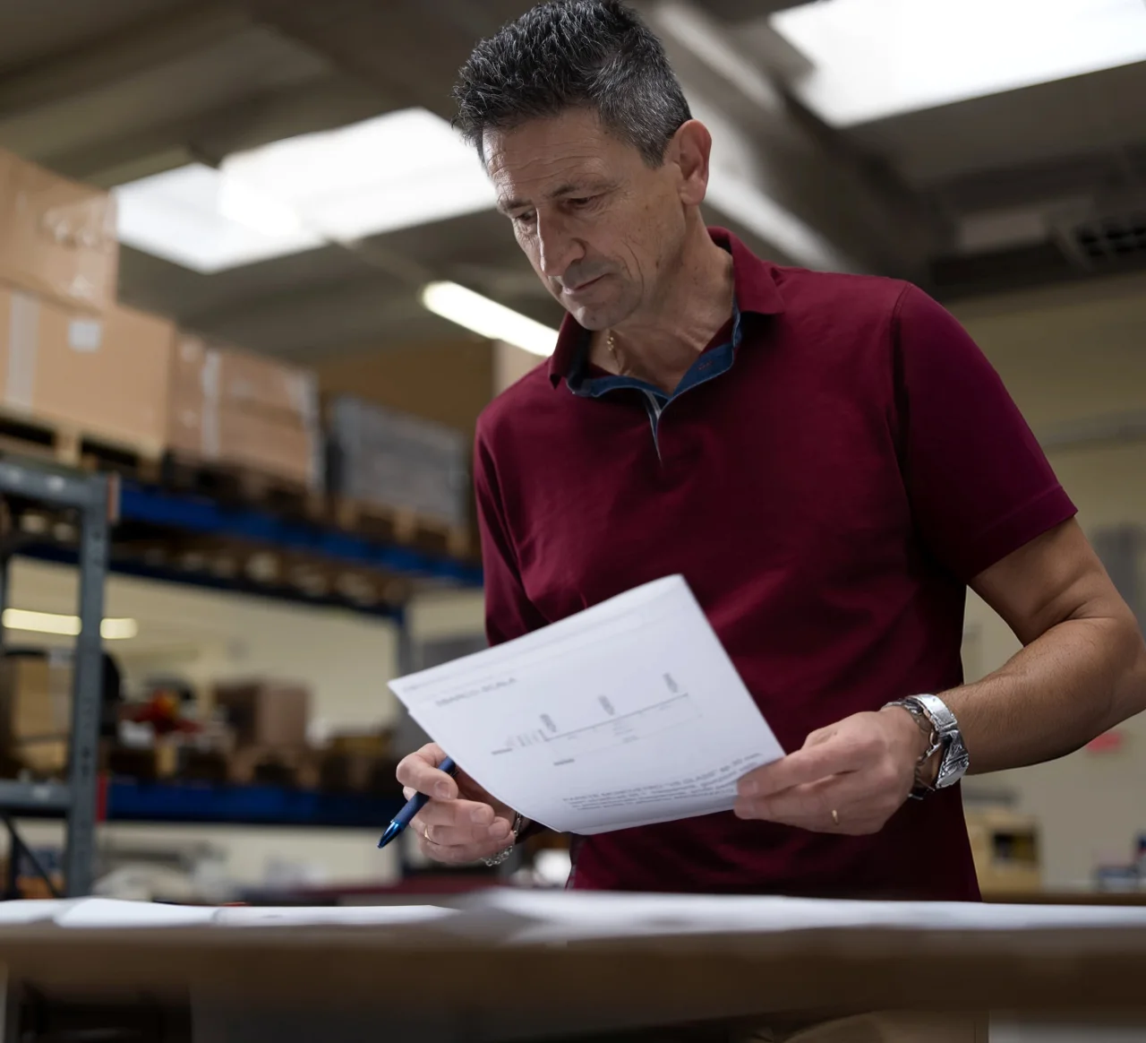 Tecnico che consulta un progetto in magazzino