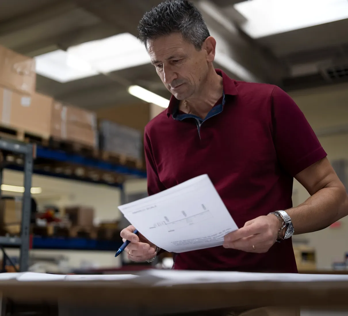 Tecnico che consulta un progetto in magazzino