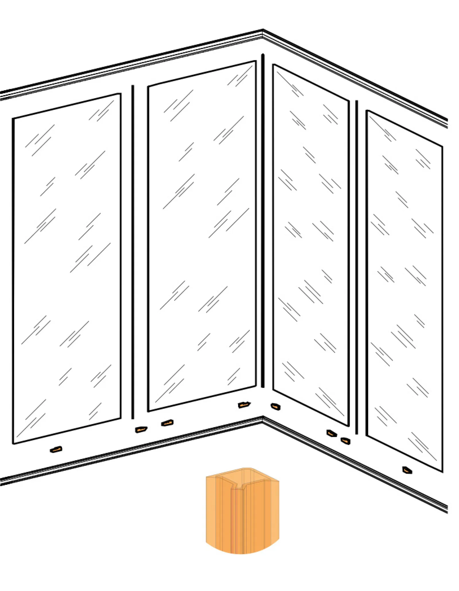 Disegno prospettico di un angolo con pareti monovetro, con profili a pavimento e a soffitto e un elemento angolare in legno